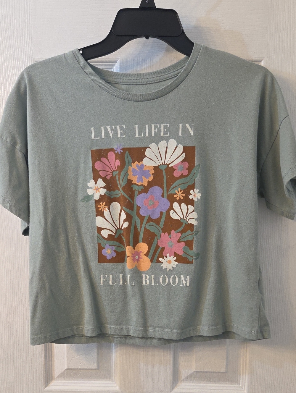 Sage Green Floral Graphic Crop Tee with Multicolor Blooms
